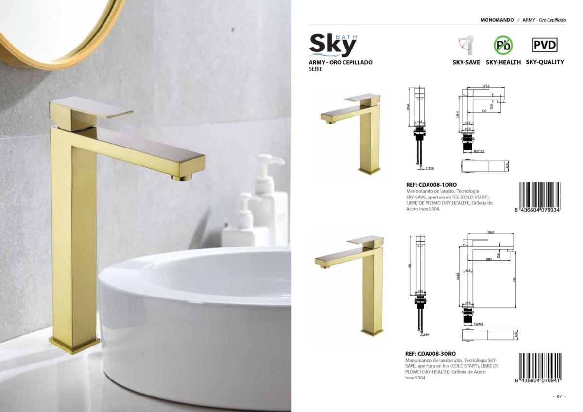 Monomando de lavabo alto Army Oro Cepillado