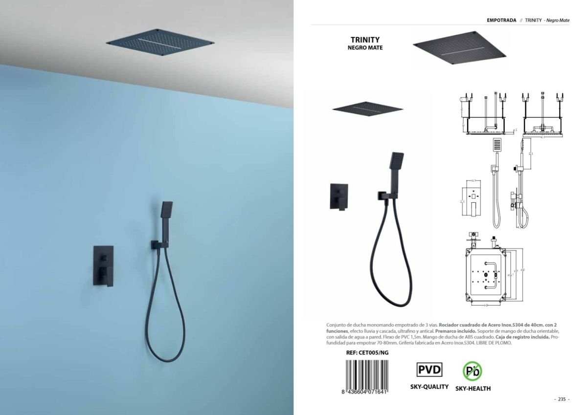 Conjunto de ducha monomando empotrado de 3 vías Trinity Negro Mate