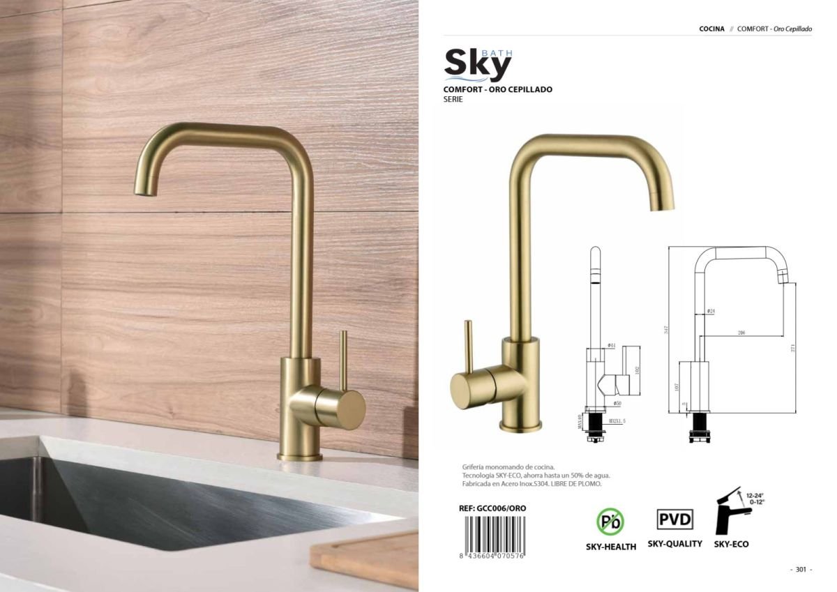 Grifería monomando de cocina Comfort Oro Cepillado