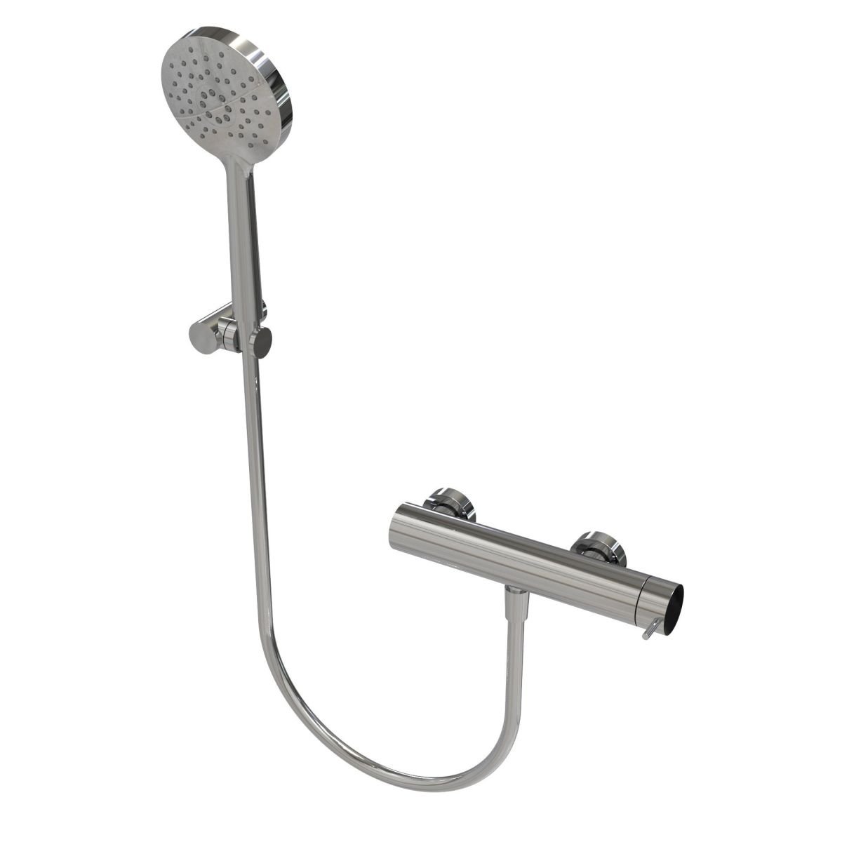 One-way shower mixer with round hand shower and adjustable holder