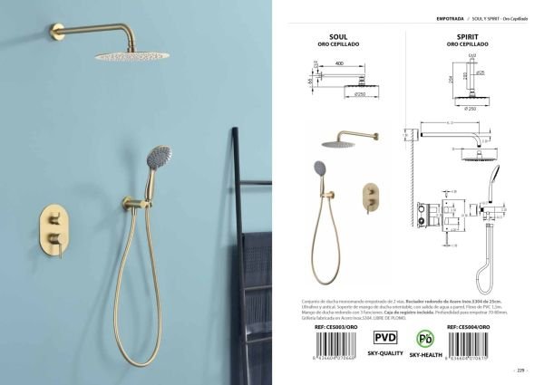 Conjunto de ducha monomando empotrado de 2 vías Soul Y Spirit Oro Cepillado