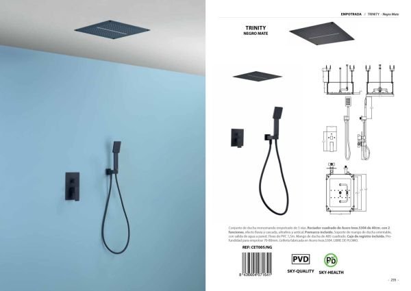 Conjunto de ducha monomando empotrado de 3 vías Trinity Negro Mate