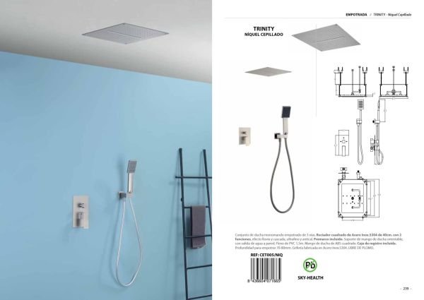 Conjunto de ducha monomando empotrado de 3 vías Trinity Níquel Cepillado