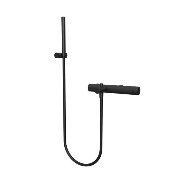 Two-way thermostatic bathtub mixer with spout, hand shower and adjustable holder - Black