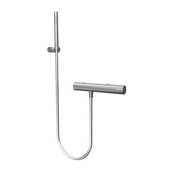 One-way thermostatic shower mixer with hand shower and adjustable holder - Stainless Steel Brushed