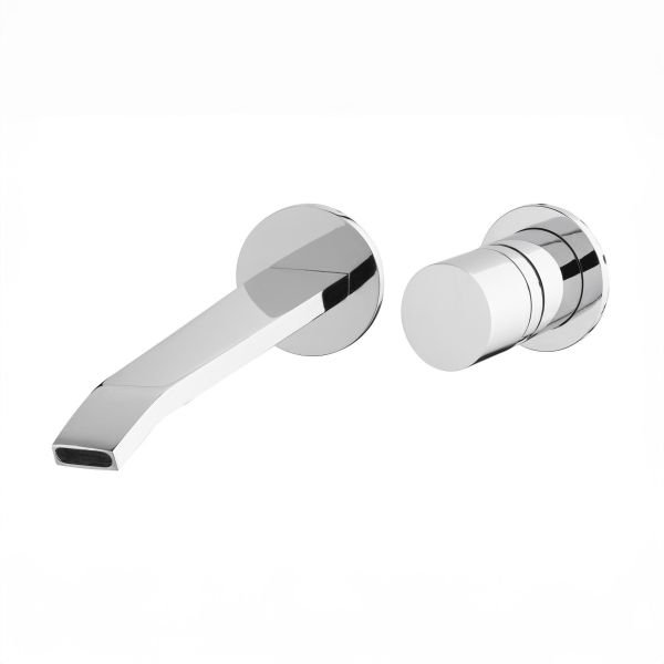Two-hole concealed washbasin mixer - internal + external part with round plate, 16cm spout and waste valve - Chrome